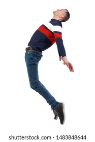 Side View Of Man In Zero Gravity Or A Fall. Guy Is Flying, Falling Or Floating In The Air. Side View People Collection. Side View Of Person. Isolated Over White Background.