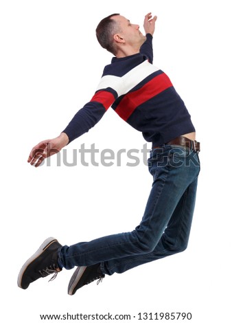 Side view of man in zero gravity or a fall. guy is flying, falling or floating in the air. Side view people collection.  side view of person.  Isolated over white background. Jumping dancer.
