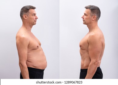 Side View Of A Mature Man Before And After Loosing Fat On White Background. Body shape was altered during retouching