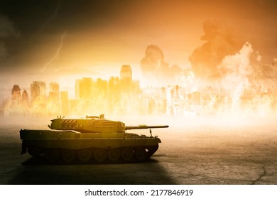 Side View Of Military Tank Moving In The War Field With Burning City Background