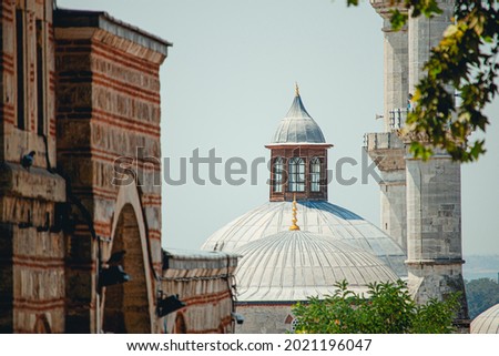 Side view of minarets and dome of Old Mosque, Edirne which is built on 1414. An example of islamic and Ottoman architecture.