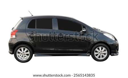 Side view of mini or small black sports hatchback car is isolated on white background with clipping path.