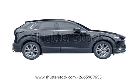 Side view of mini or small black sports hatchback car is isolated on white background with clipping path.