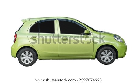 Side view of mini or small green sports hatchback car is isolated on white background with clipping path.