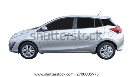 Side view of mini or small silver sports hatchback car is isolated with clipping path.
