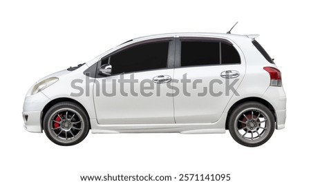 Side view of mini or small white sports hatchback car is isolated on white background with clipping path.