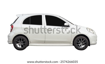 Side view of mini or small white sports hatchback car is isolated on white background with clipping path.