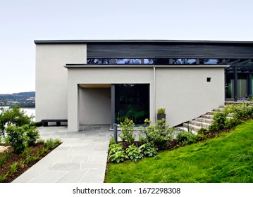 Side view of modern designed concrete residential house in western Norway