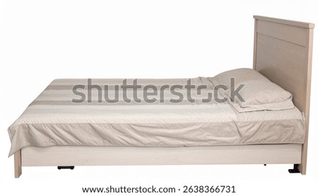 Side view of a modern double bed featuring a light beige wooden headboard, matching striped bedding, and a low platform base. Simple and elegant design.