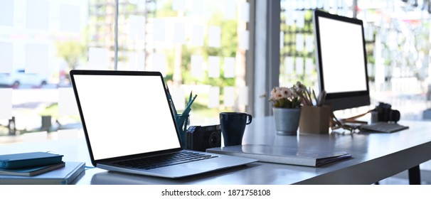 Side View Of Modern Multiple Devices Mockup On White Office Table.