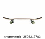 Side View of a Modern Skateboard showcases a black skateboard deck with vibrant green wheels, highlighting its sleek design and balanced proportions ideal for skateboarding enthusiasts.