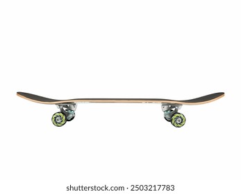 Side View of a Modern Skateboard showcases a black skateboard deck with vibrant green wheels, highlighting its sleek design and balanced proportions ideal for skateboarding enthusiasts. - Powered by Shutterstock