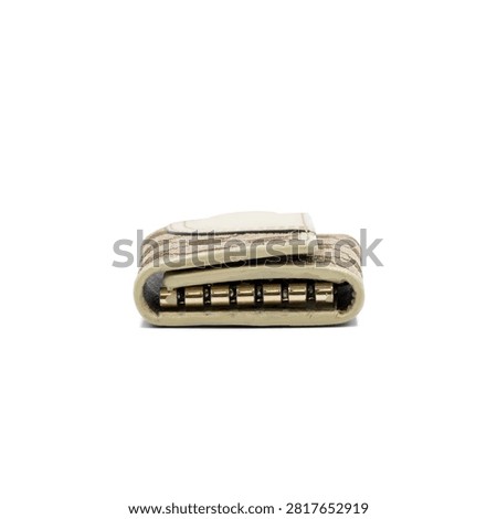 Side View of Monogram Canvas Key Case Wallet with Gold Metal Ring Details Isolated on Clean White Background Stock Photo