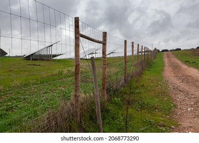 Side view of multiple solar panels set at angle in green and brown autumn field behind wire fence with dirt road near it under grey sky in rainy day in Portugal (FOCUS ON PANELS)