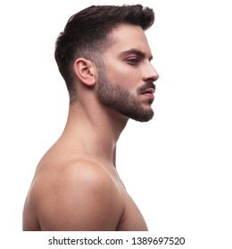 Side View Of A Naked Man Looking Away Superior On White Background