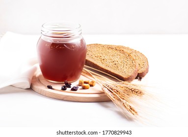 Side View Of Natural Cold Bread Kvass, Russian Leavened Drink.