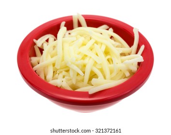 A Side View Of Natural White Shredded Mild Cheese In A Red Bowl.