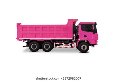 Side view of a new pink colored dump truck isolated over white background