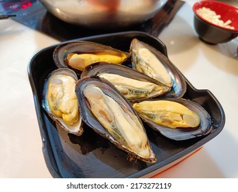 Side view of New Zealand mussels on black plastic tray,  buffet menu prepared for hot pot or sukiyaki, shabu, selective focus