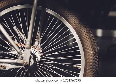 Side View Old Bicycle Wheel Texture Vintage Style, Black And White Memento Memory Of Old Time Bike Photo