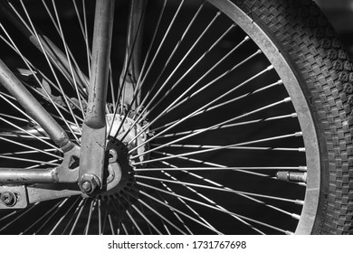 Side View Old Bicycle Wheel Texture Vintage Style, Black And White Memento Memory Of Old Time Bike Photo