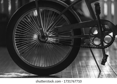 Side View Old Bicycle Wheel Texture Vintage Style, Black And White Memento Memory Of Old Time Bike Photo