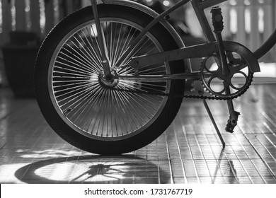 Side View Old Bicycle Wheel Texture Vintage Style, Black And White Memento Memory Of Old Time Bike Photo