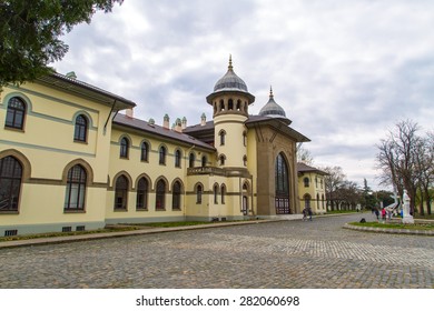 Side view of old historical train station building, rectorship building of Trakya University.