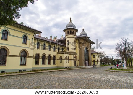 Side view of old historical train station building, rectorship building of Trakya University.