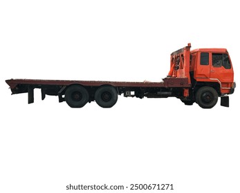 Side view of an old red flatbed truck isolated on a white background, suitable for transportation, shipping, and logistics concepts.