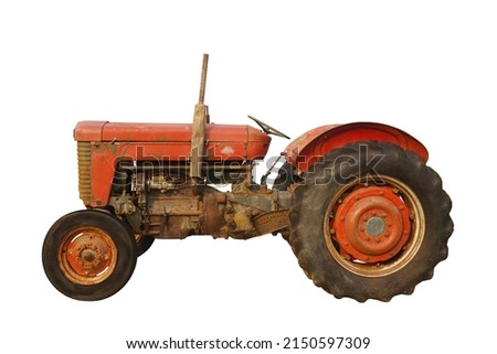 side view old and rust red tractor on white background, object, construction, work, vintage, copy space