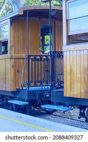side view of the old train on the platform of the Spanish town of Soller
