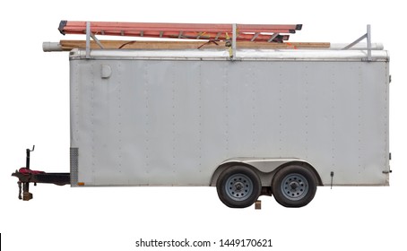 Side View Of Older White Utility Work Trailer With Ladders On Top. Isolated.