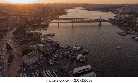 Side View On Bosphorus Bridge In  Istanbul On Summer Sunset