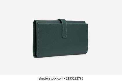 Side View On Emerald Green Women's Wallet Pouch Clutch. Leather Purse For Women Ladies Isolated On White Background