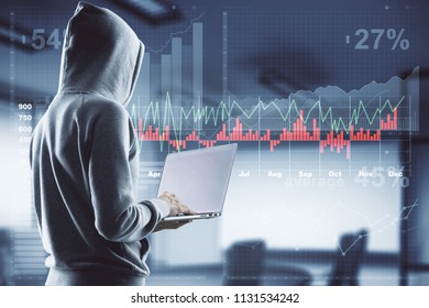 side view on hacker back in process with laptop and big digital screen with forex trading illustration.