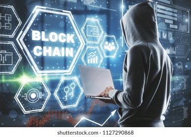 side view on hacker in process with laptop and big digital screen with blockchain. - Powered by Shutterstock - Get 15% off with code: PIKWIZARD15