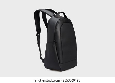 Side View On Men's Black Leather Business Office Backpack Daypack Rucksack Bag For Men Isolated On White Background, Mock Up, Office Wear