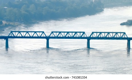 Side view on old railway truss swing pan bridge over the Han river in Wuhan Hubei China