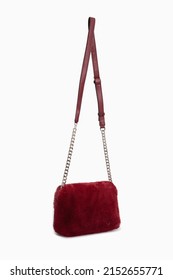 Side View On Women Bag Handbag Of Fuzzy Fluffy Faux Fur Hanging Isolated On White Background