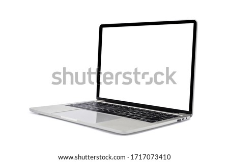 Side view of Open laptop computer. Modern thin edge slim design. Blank white screen display for mockup and gray metal aluminum material body isolated on white background with clipping path.