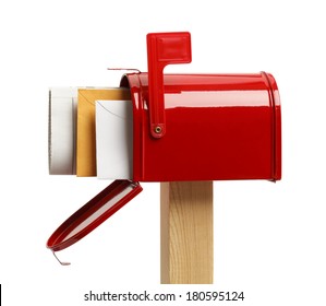 Side View Of An Open Red Mailbox With Mail Isolated On White Background.