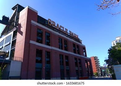 Side View Of Oracle Park Sign, Home Of The San Francisco Giants Baseball Team. San Francisco, CA. February 2, 2020.