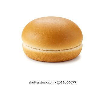 Side view of plain hamburger bun isolated on white background.