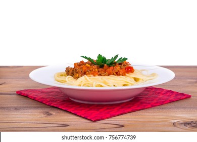 Side View Of Plate Of Spaghetti Pasta With Tomato Bolognese Sauce, Isolated On White Background.