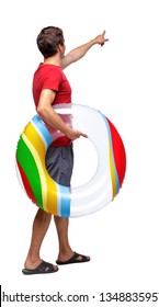 Side view of pointing man that goes to side. backside view of person. Rear view people collection. Isolated over white background. Guy on the move with a circle shows his hand.