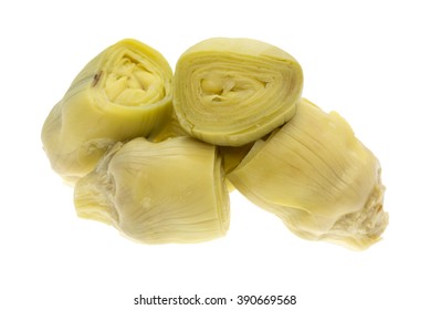 Side view of a portion of canned artichoke hearts isolated on a white background.