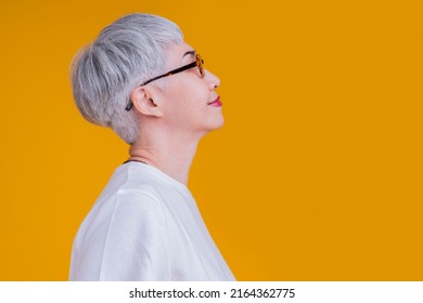 Side View Portrait Asian Old Woman Tattoo Grey Hair Positive Smile Cheerful Face Expression Looking To The Right With Confident On Yellow Colour Background Studio Shot