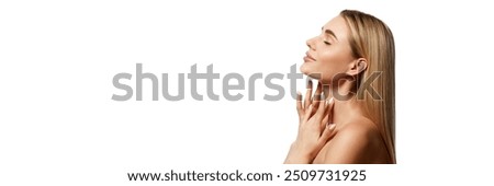 Side view portrait of beautiful young woman with clear face showing perfect cheekbone, nose and lips. Concept of beauty, plastic surgery, face lifting, face building. Banner. Copy space for ad
