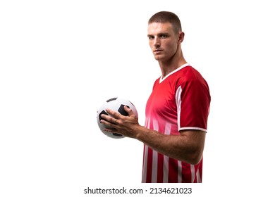 Side view portrait of confident male caucasian soccer player holding ball over white background. unaltered, sport, competition and game concept. - Powered by Shutterstock